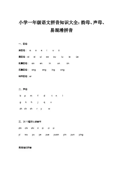 小学一年级语文拼音知识大全：韵母、声母、易混淆拼音