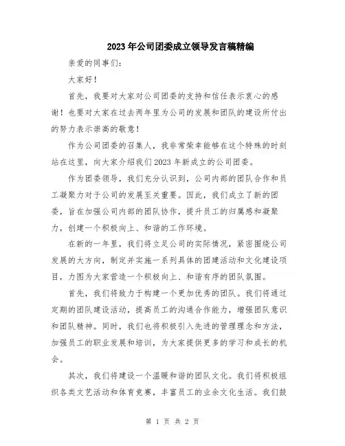 2023年公司团委成立领导发言稿精编
