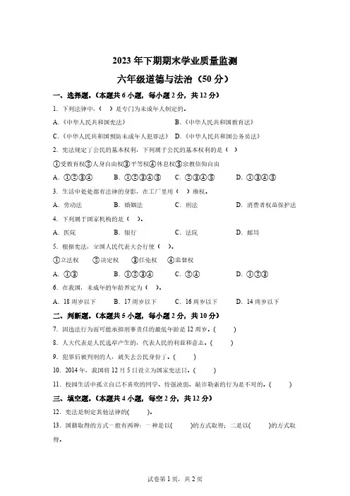 2023-2024学年湖南省永州市道县统编版六年级上册期末考试道德与法治试卷[含答案]