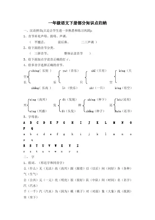 最新人教版小学一年级下册语文全册知识点汇总