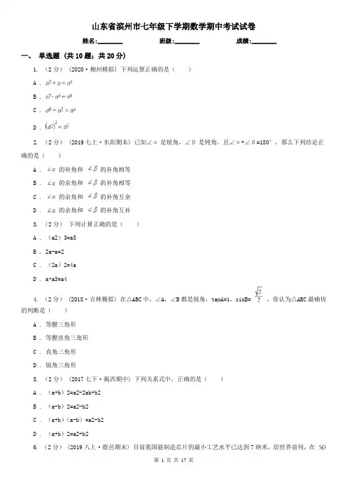山东省滨州市七年级下学期数学期中考试试卷