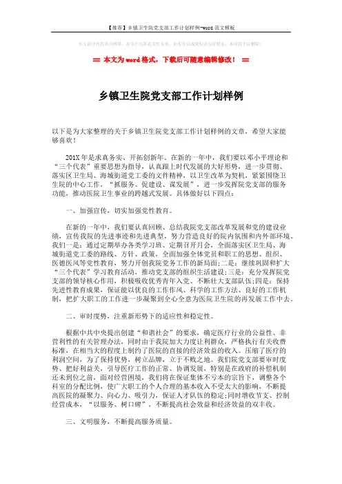 【推荐】乡镇卫生院党支部工作计划样例-word范文模板 (2页)
