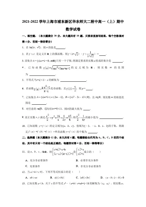 2021-2022学年上海市浦东新区华东师大二附中高一(上)期中数学试卷(解析版)