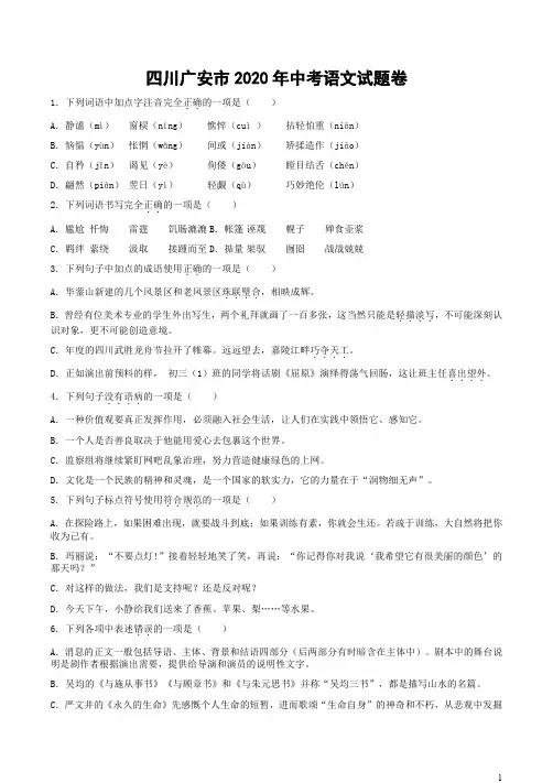 四川广安市2020年中考语文试题卷附答案解析