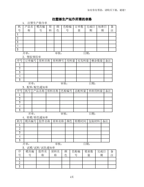 注塑部生产运作所需的表格