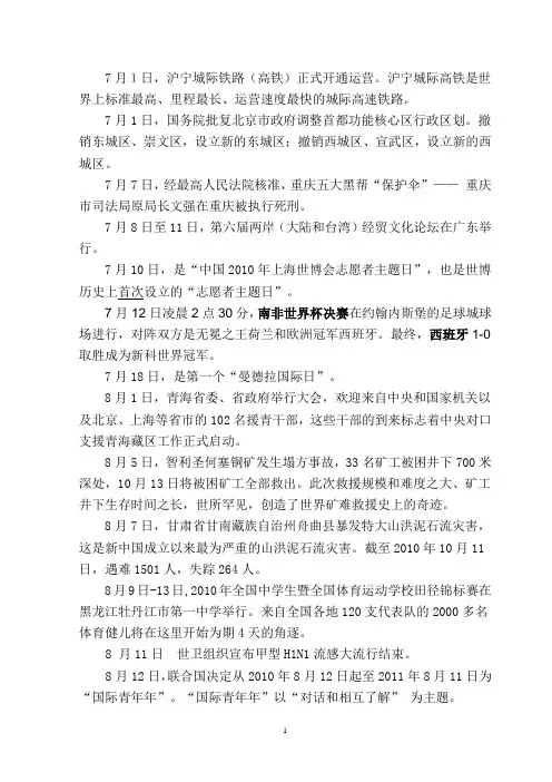 2010年下半年时政新闻(完整版)