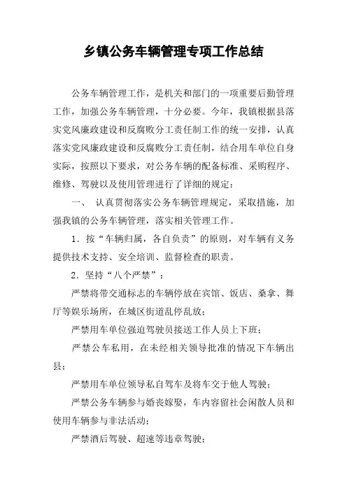 乡镇公务车辆管理专项工作总结