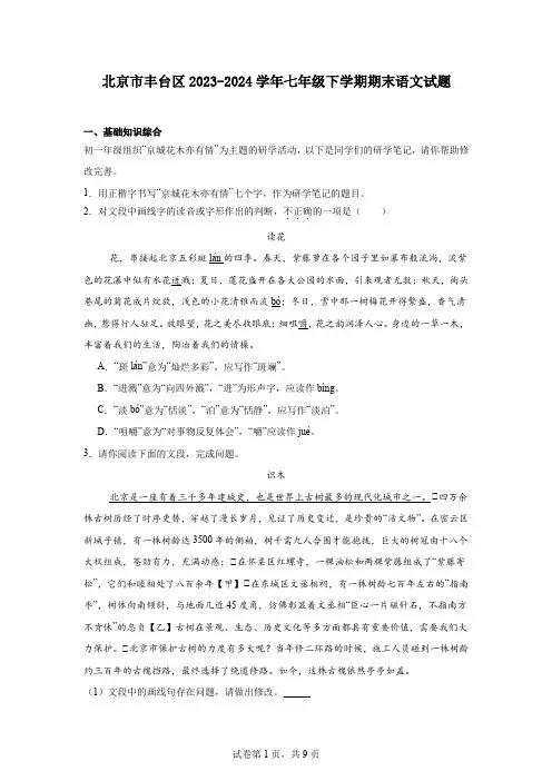 北京市丰台区2023-2024学年七年级下学期期末语文试题