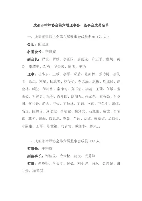 成都市律师协会理事会、监事会成员名单