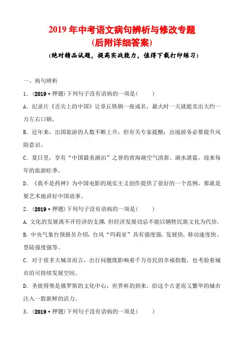 2019年中考语文病句辨析与修改专题