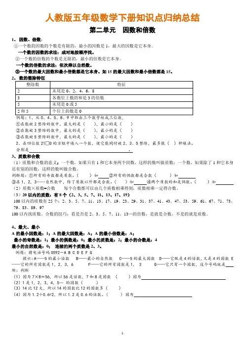 五年级数学下册各单元知识点归纳(附常见题型