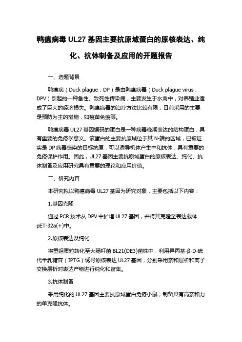 鸭瘟病毒UL27基因主要抗原域蛋白的原核表达、纯化、抗体制备及应用的开题报告