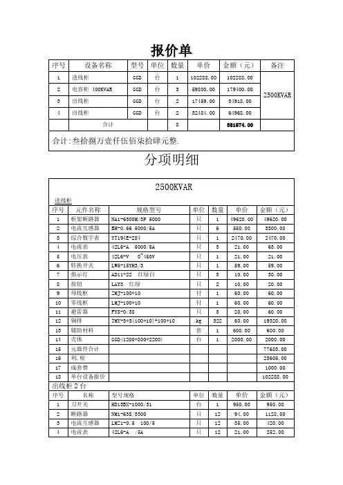 高、低压柜报价单
