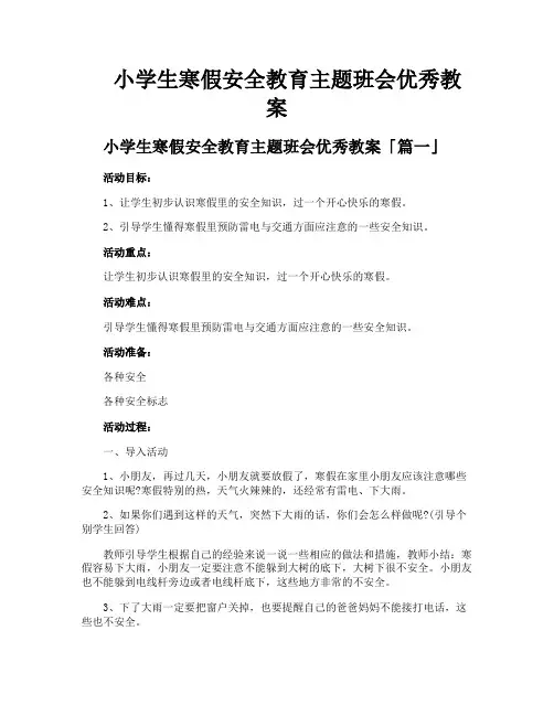 小学生寒假安全教育主题班会优秀教案