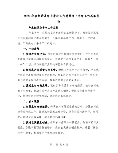 2025年农经站某年上半年工作总结及下半年工作思路范例（二篇）