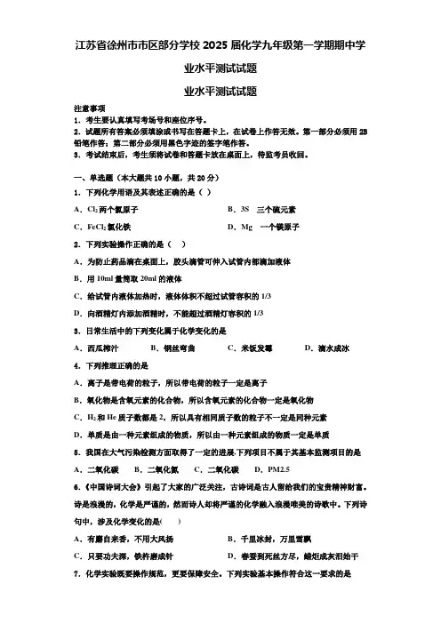 江苏省徐州市市区部分学校2025届化学九年级第一学期期中学业水平测试试题含解析