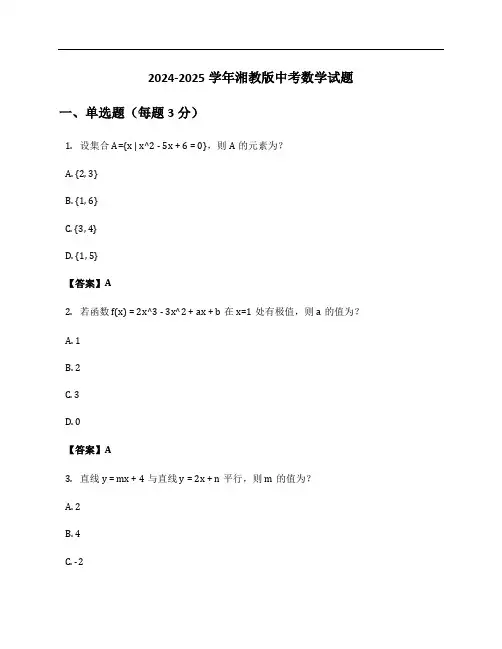 2024-2025学年湘教版中考数学试题及答案