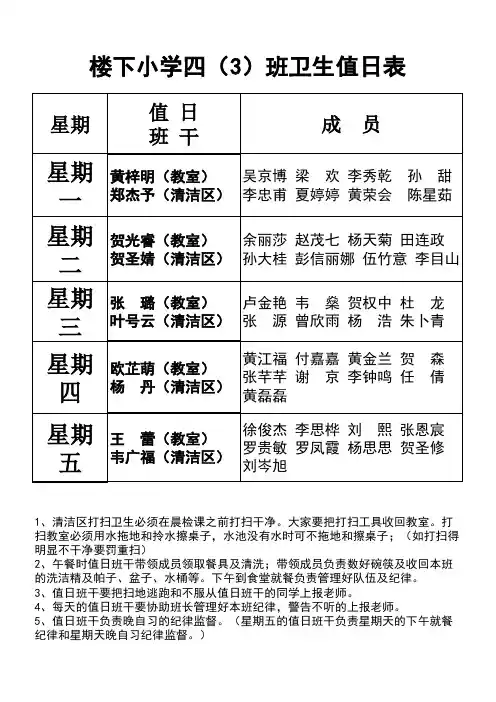 小学生值日表模板