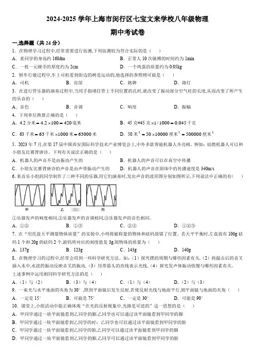 2024-2025学年上海市闵行区七宝文来学校八年级上学期期中考试物理试卷