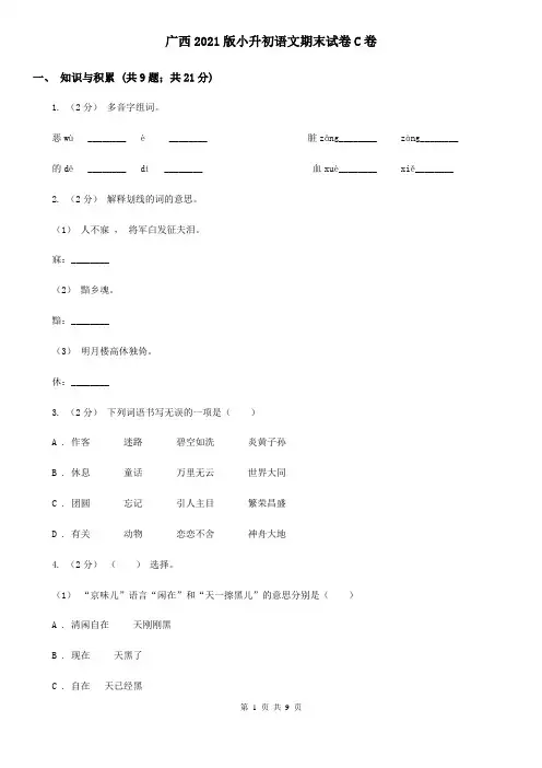 广西2021版小升初语文期末试卷C卷(精编)
