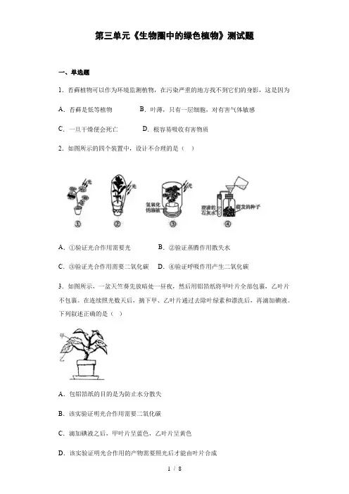 人教版生物七年级上册 第三单元《生物圈中的绿色植物》测试题(含答案)