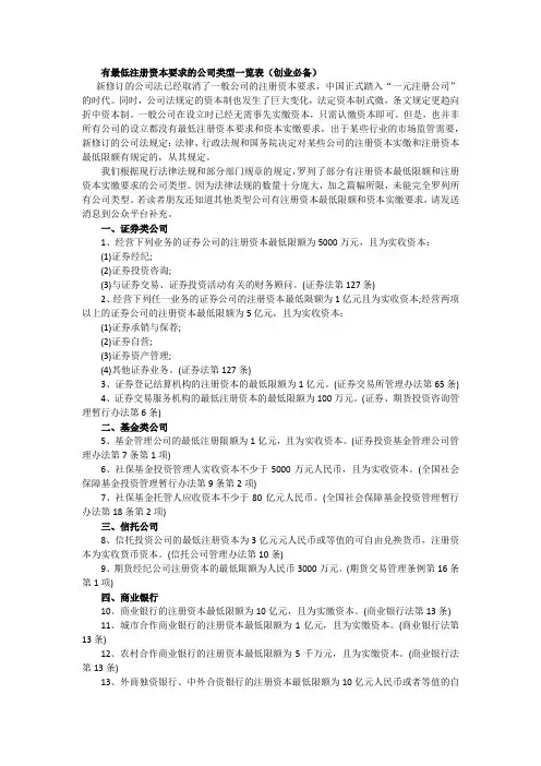 有最低注册资本要求的公司类型一览表(创业必备)