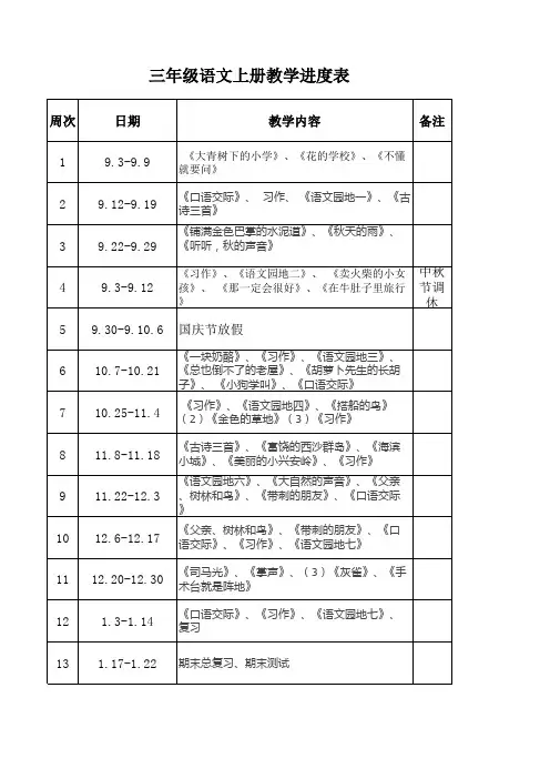部编版三年级语文上册教学进度表
