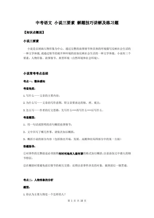 中考语文 小说三要素 解题技巧讲解及练习题(含答案)