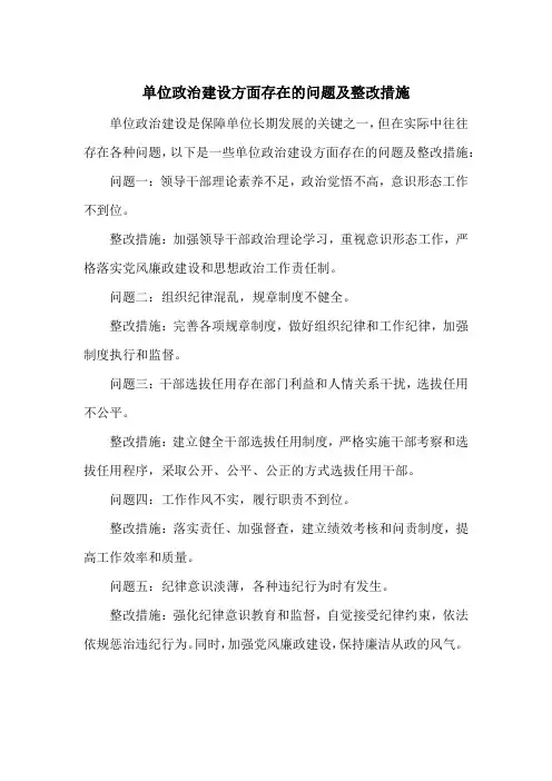 单位政治建设方面存在的问题及整改措施