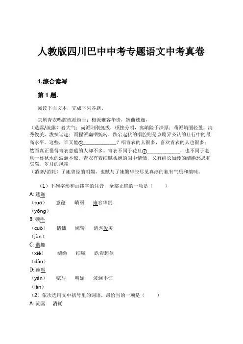 人教版四川巴中中考专题语文中考真卷试卷及解析