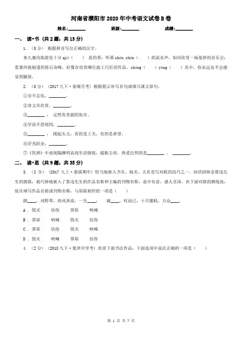 河南省濮阳市2020年中考语文试卷B卷