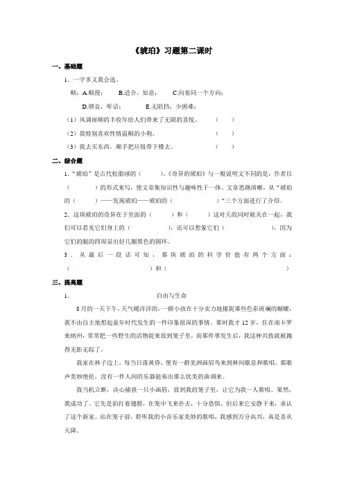语文北师版六年级下册 《琥珀》习题——第二课时