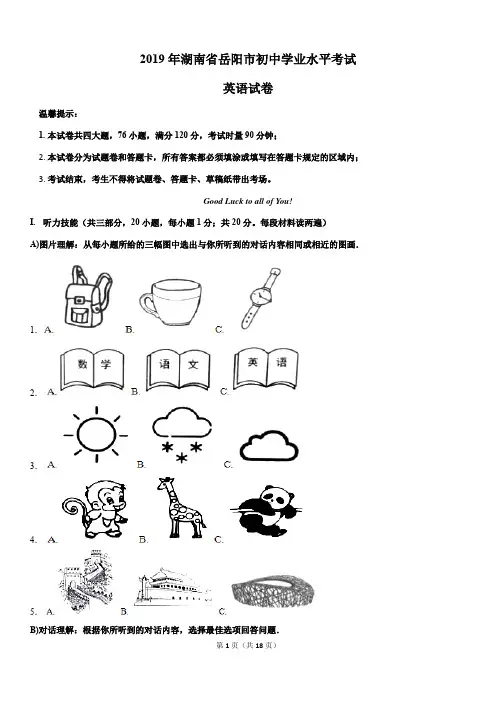【精校版】2019年湖南省岳阳市中考英语试题Word版含答案解析