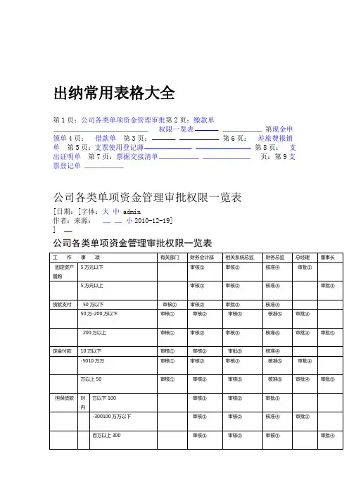 完整版出纳常用表格大全