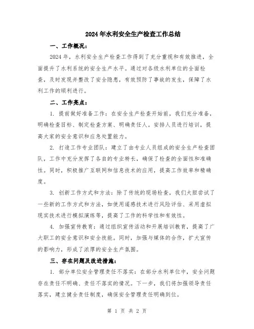 2024年水利安全生产检查工作总结