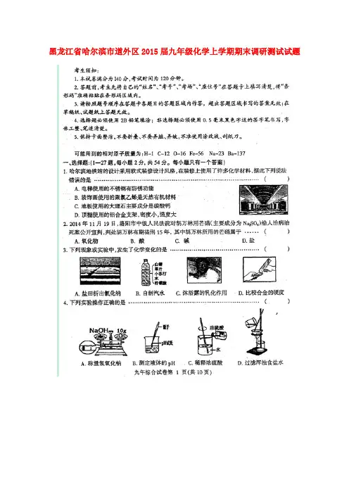 黑龙江省哈尔滨市道外区九年级化学上学期期末调研测试试题(扫描版)