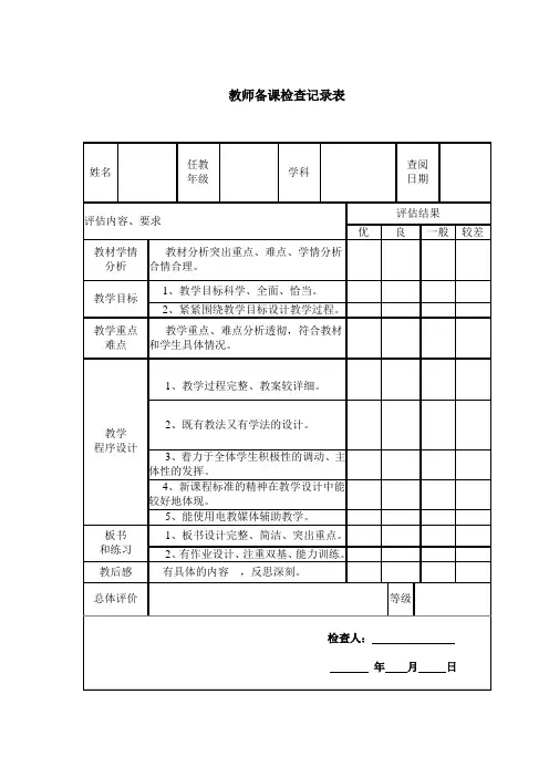 教师备课检查记录表