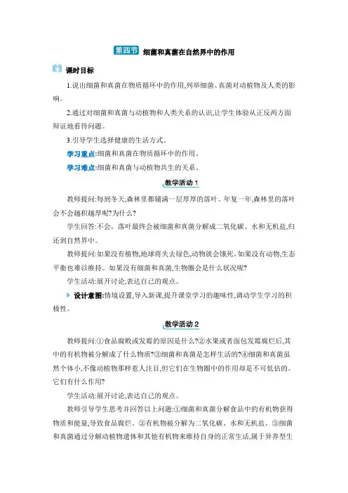 人教版八年级生物上册第五单元生物圈中的其他生物第四章细菌和真菌教案第四节 细菌和真菌在自然界中的作用