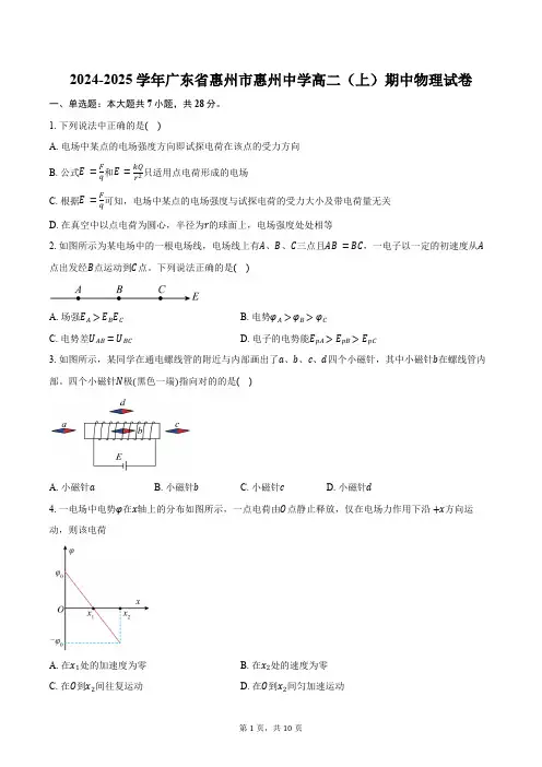 2024-2025学年广东省惠州市惠州中学高二(上)期中物理试卷(含答案)