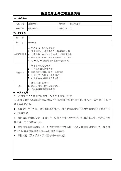 钣金岗位职责及说明