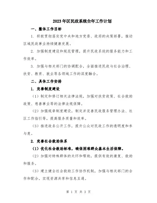 2023年区民政系统全年工作计划