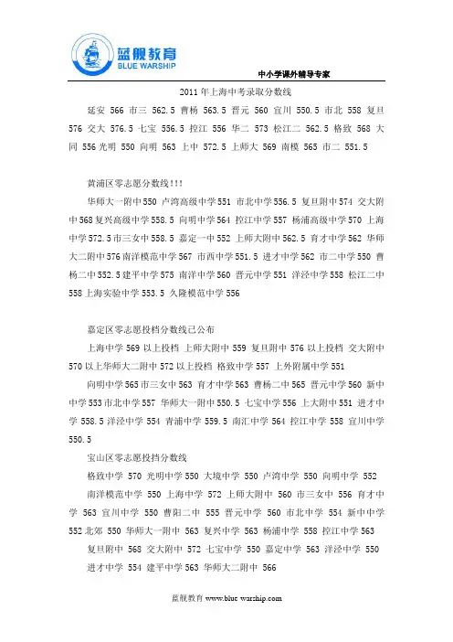 2011年上海中考录取分数线