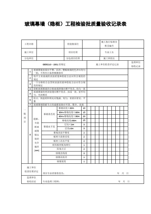 【工程文档】玻璃幕墙(隐框)工程检验批质量验收记录表