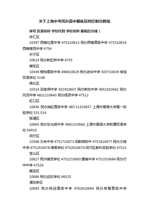 关于上海中考民办高中最低投档控制分数线