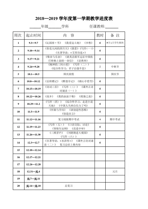 2018-2019第一学期九年级语文教学进度表