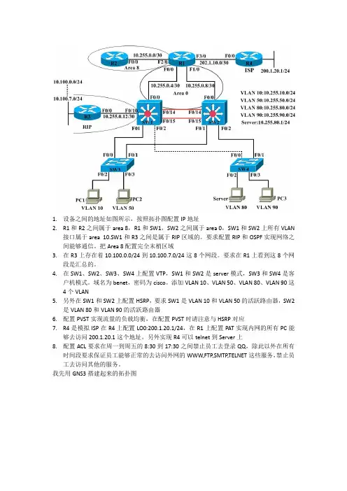 思科配置HSRP、ospf,rip,NAT,ACL.以及定时ACL配置和路由重分发大型网络综合实验题