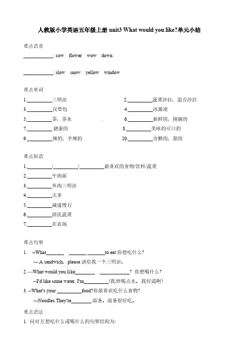 人教PEP版英语【词汇句式语法】五年级上册单元知识点归纳总结-Unit3Whatwouldyo含答案