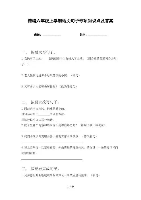 精编六年级上学期语文句子专项知识点及答案