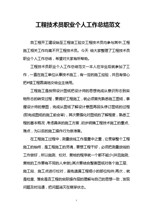 工程技术员职业个人工作总结范文