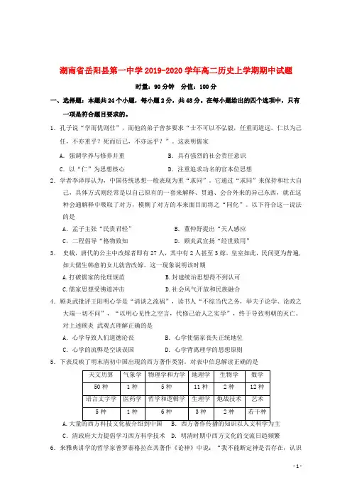 湖南省岳阳县第一中学2019_2020学年高二历史上学期期中试题